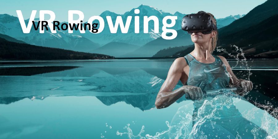 Person mit VR-Brille auf einem Rudergerät vor einer Seenlandschaft