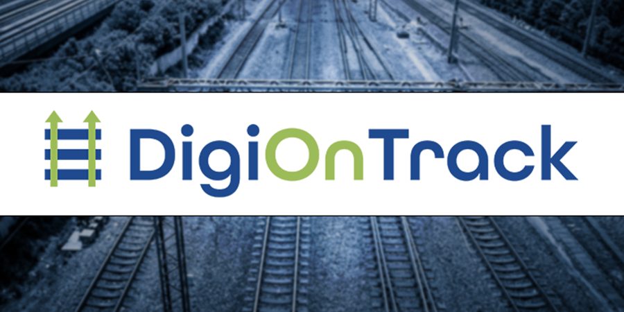 Logo von DigiOnTrack über einem Foto von Bahngleisen